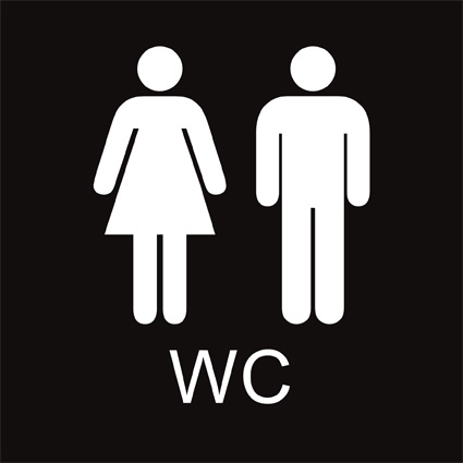 Svart WC skylt, 148x148mm med vit piktogram symbol och text